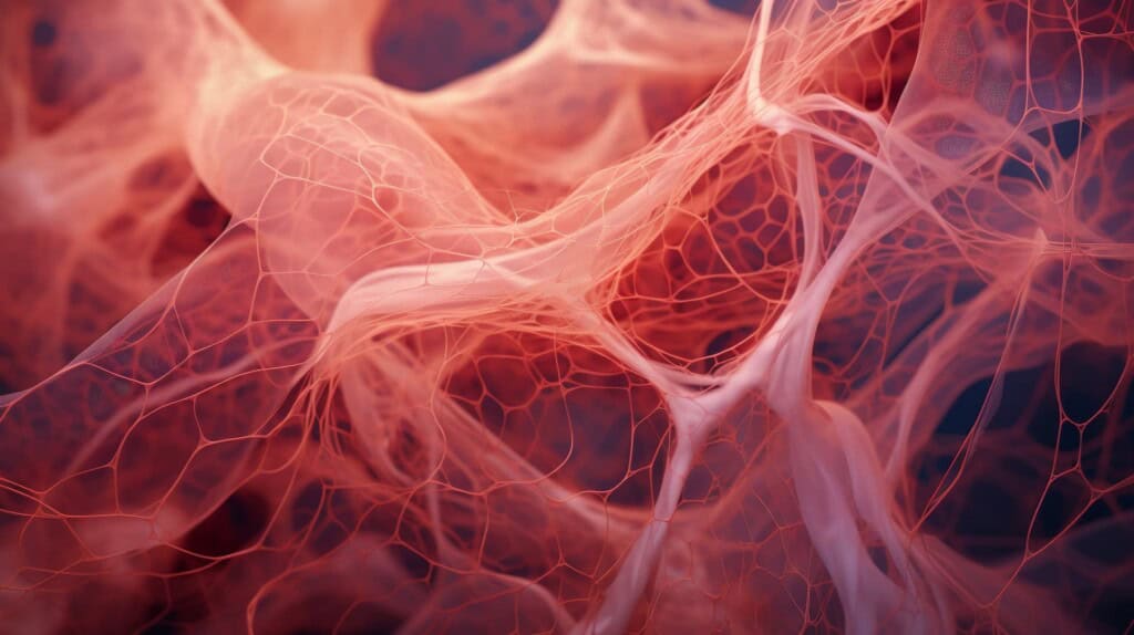 Digital illustration of human fascia and capillaries showcasing detailed vascular structures in a red hue.
