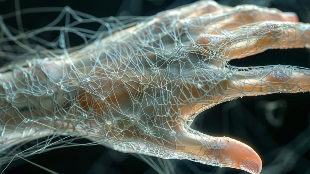 A human hand entwined with numerous fine, translucent fascia threads against a dark background.