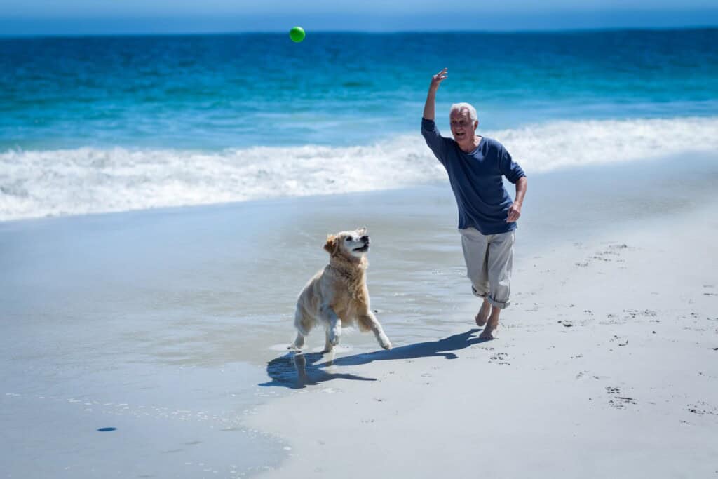 Older man throwing a ball to his dog on the beach.