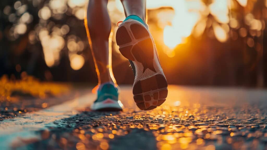 Closeup up of runner's shoes while running at dusk.