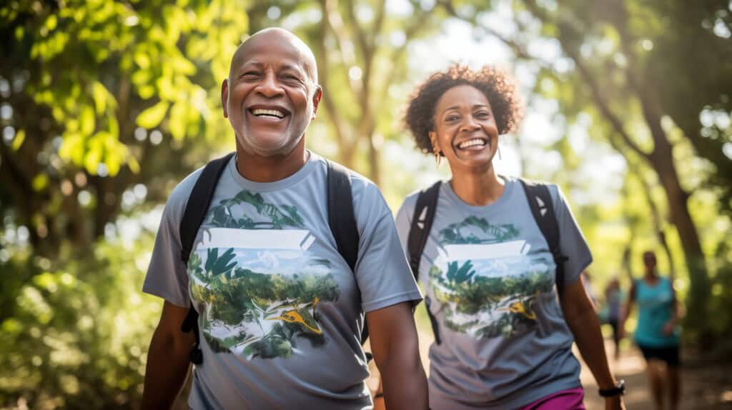 A smiling senior African American couple participating in a charity walkathon, wearing matching t-shirts and walking briskly.