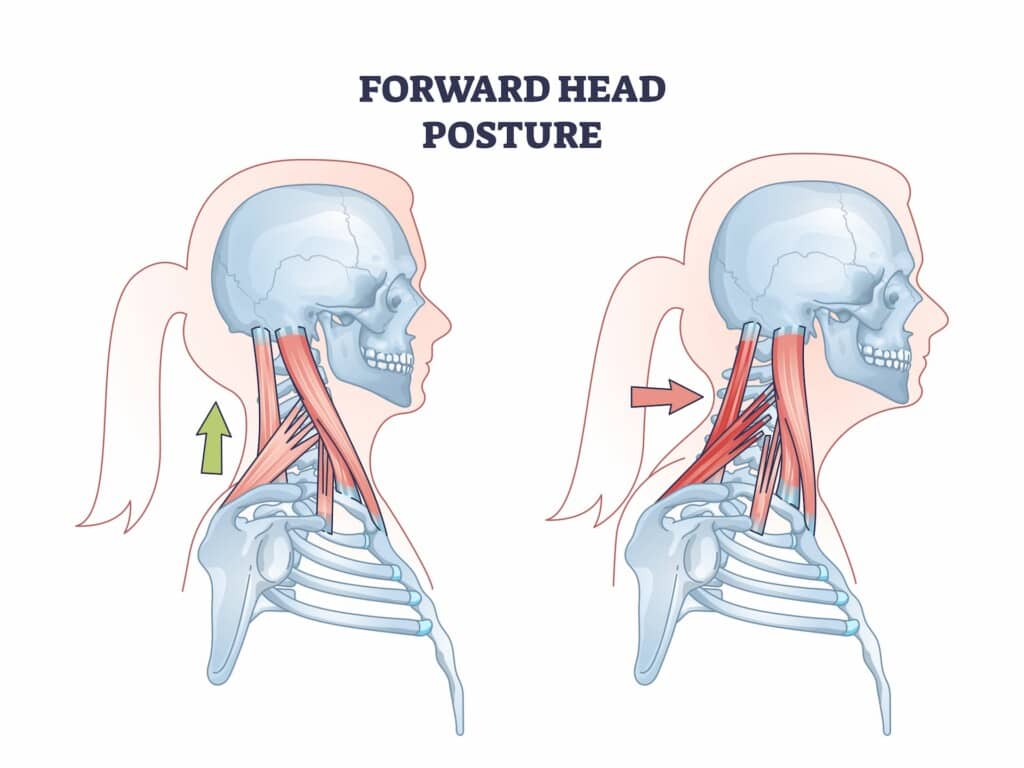 Forward head posture compared with healthy neck position diagram.