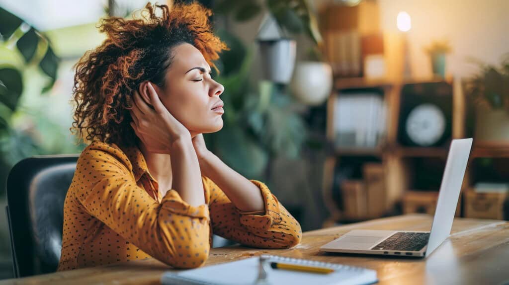 Black woman sitting at a desk in front of her laptop, holding her neck and wincing, showing discomfort from poor posture and neck strain.