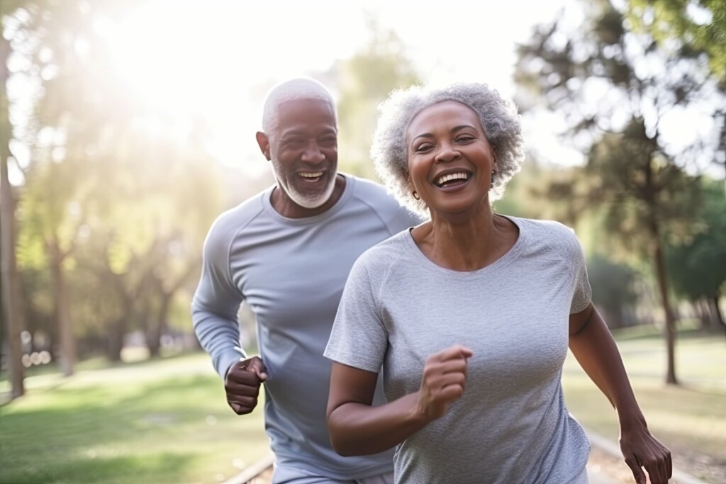 A mature man and woman jogging on a sunny day in a park, both wearing gray athletic clothing and smiling.